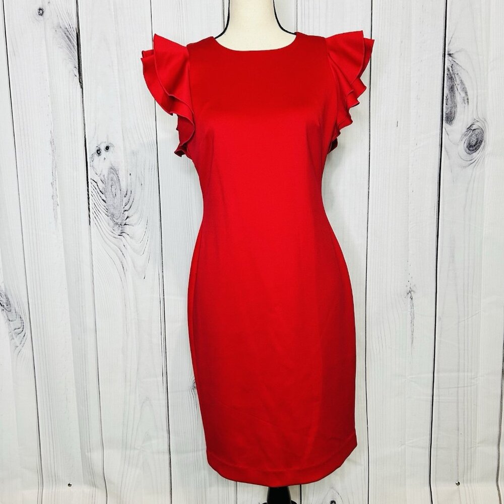 Tommy Hilfiger Size 6 Women's Scuba Sheath Dress with Flutter Sleeves Red